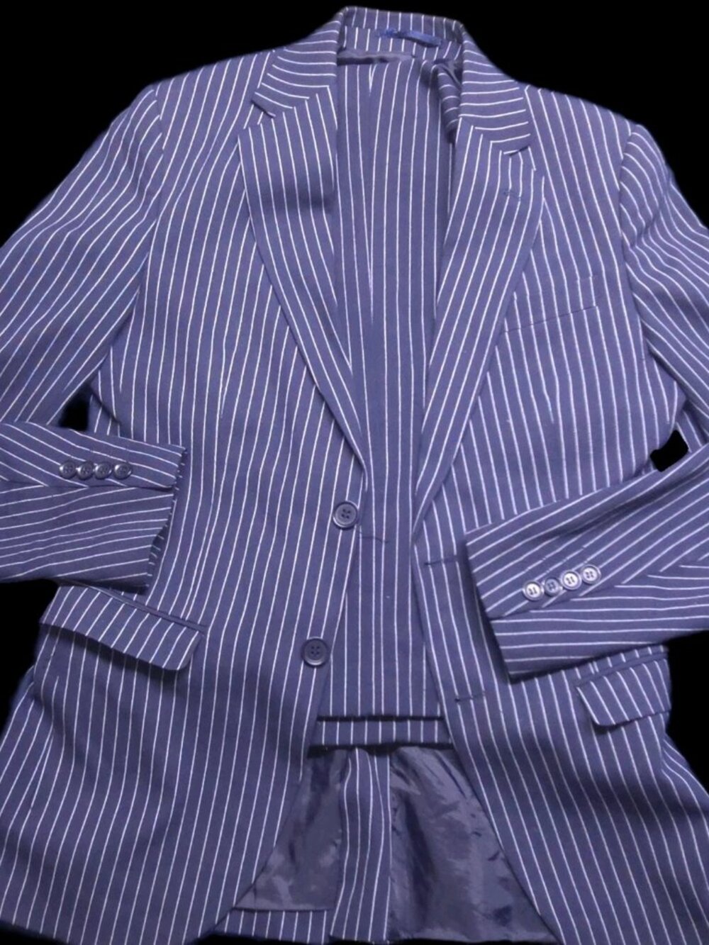 BoohooMAN Men’s Suit Navy Blue White Pinstripe 2 Piece Blazer Pants